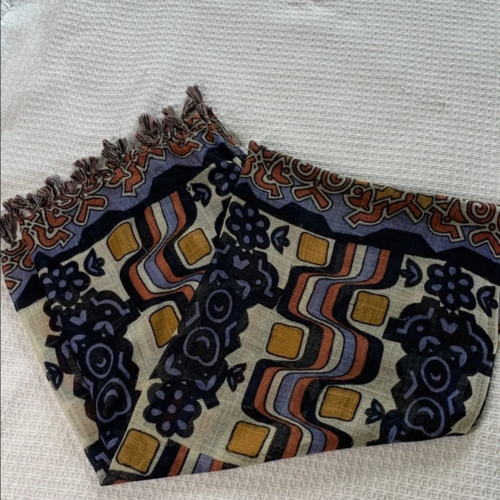 J McLaughlin tribal print scarf black, cream, yellow, blue, and rust